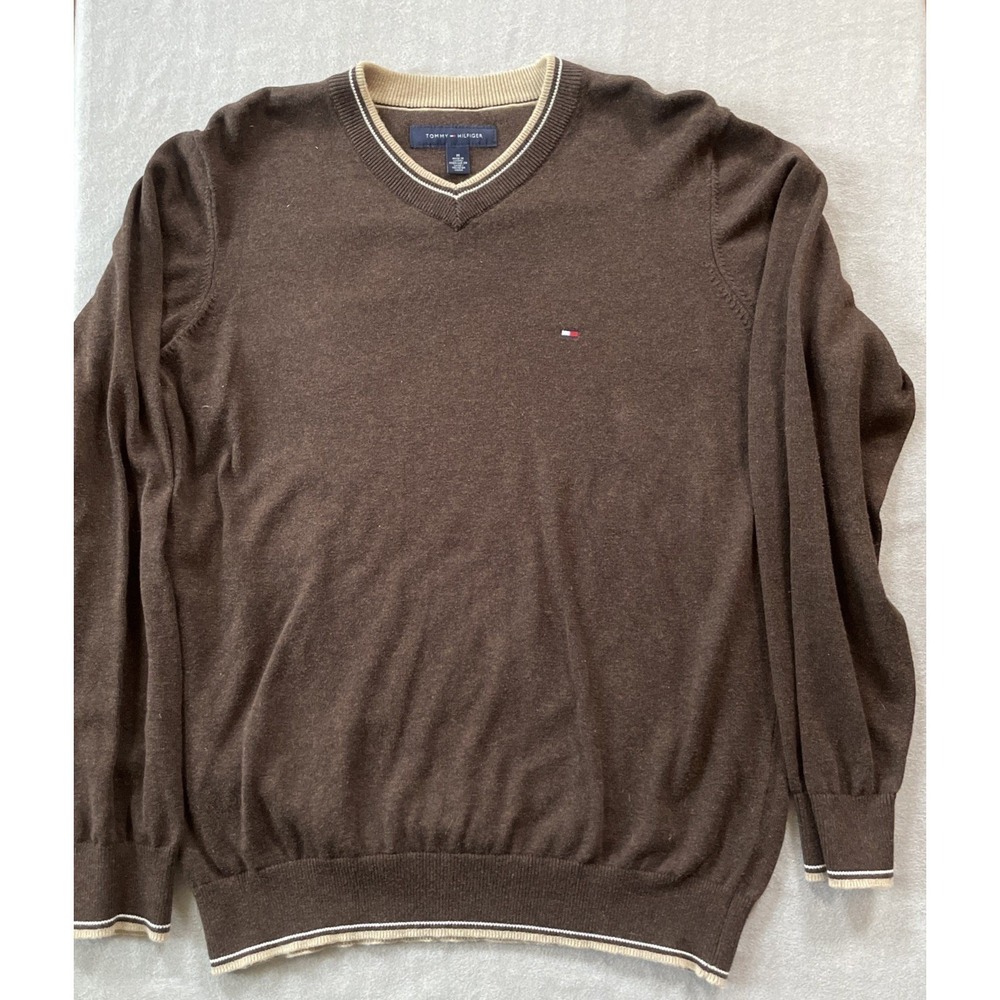 Tommy Hilfiger Mens Medium V-Neck Sweater Brown Striped Long Sleeve Trim  Knit